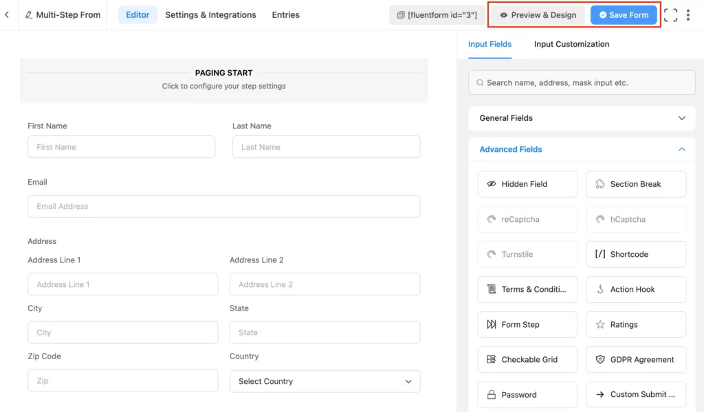 Save, preview, and design your multi step form